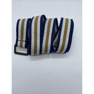 Blue Gold White Cotton Woven Striped D Ring Belt Men's Size L End to End 46"